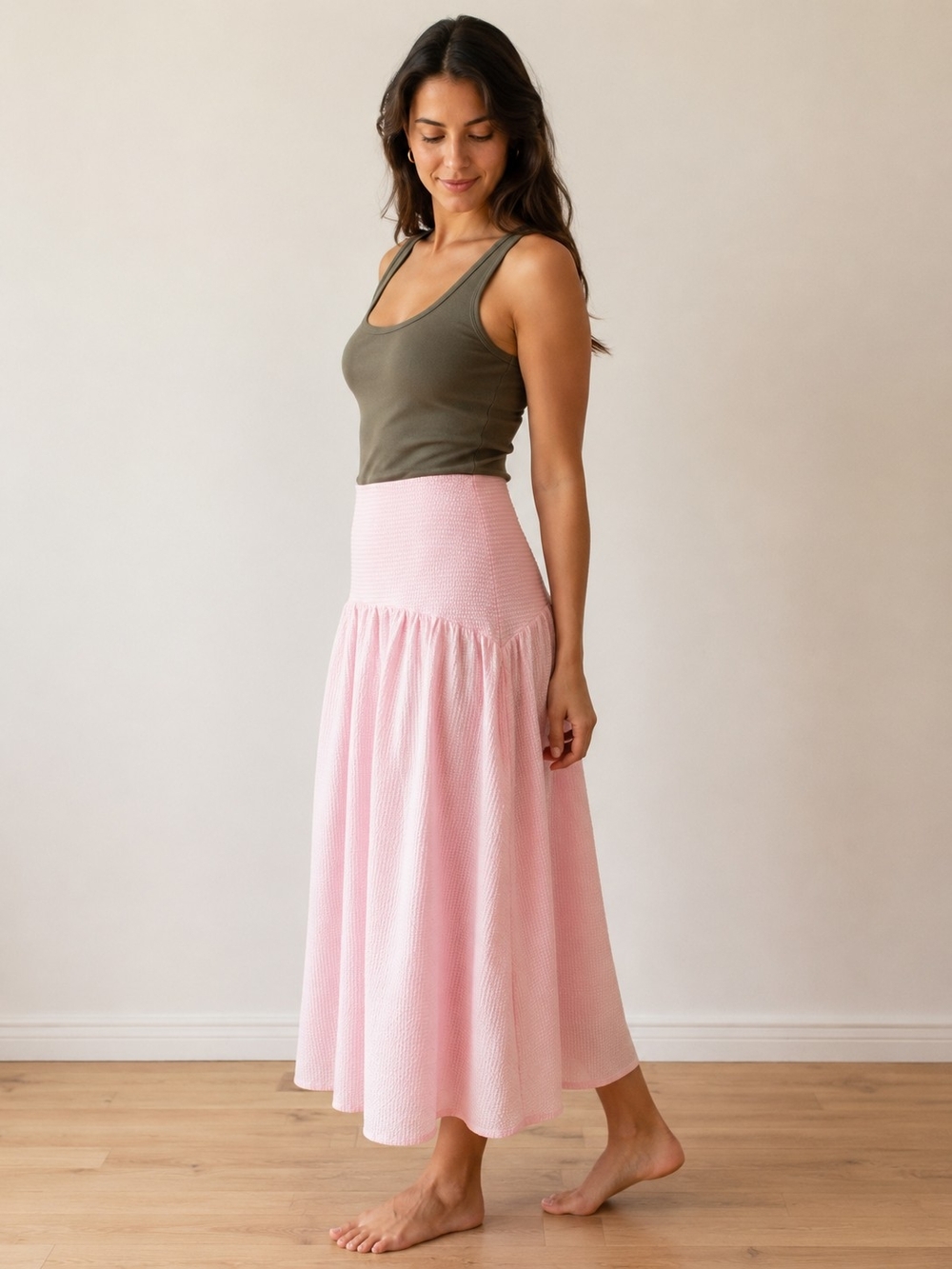 🌸 Soft Pink & White Seersucker Maxi Skirt 🌸
